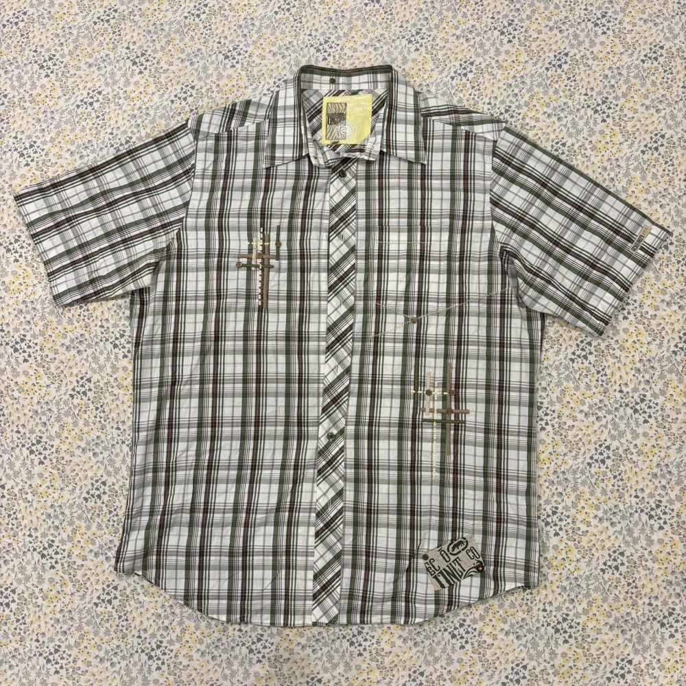 Y2K Ecko Unltd Cotton Button DownMen's Large White Plaid Short Sleeve Polo Shirt